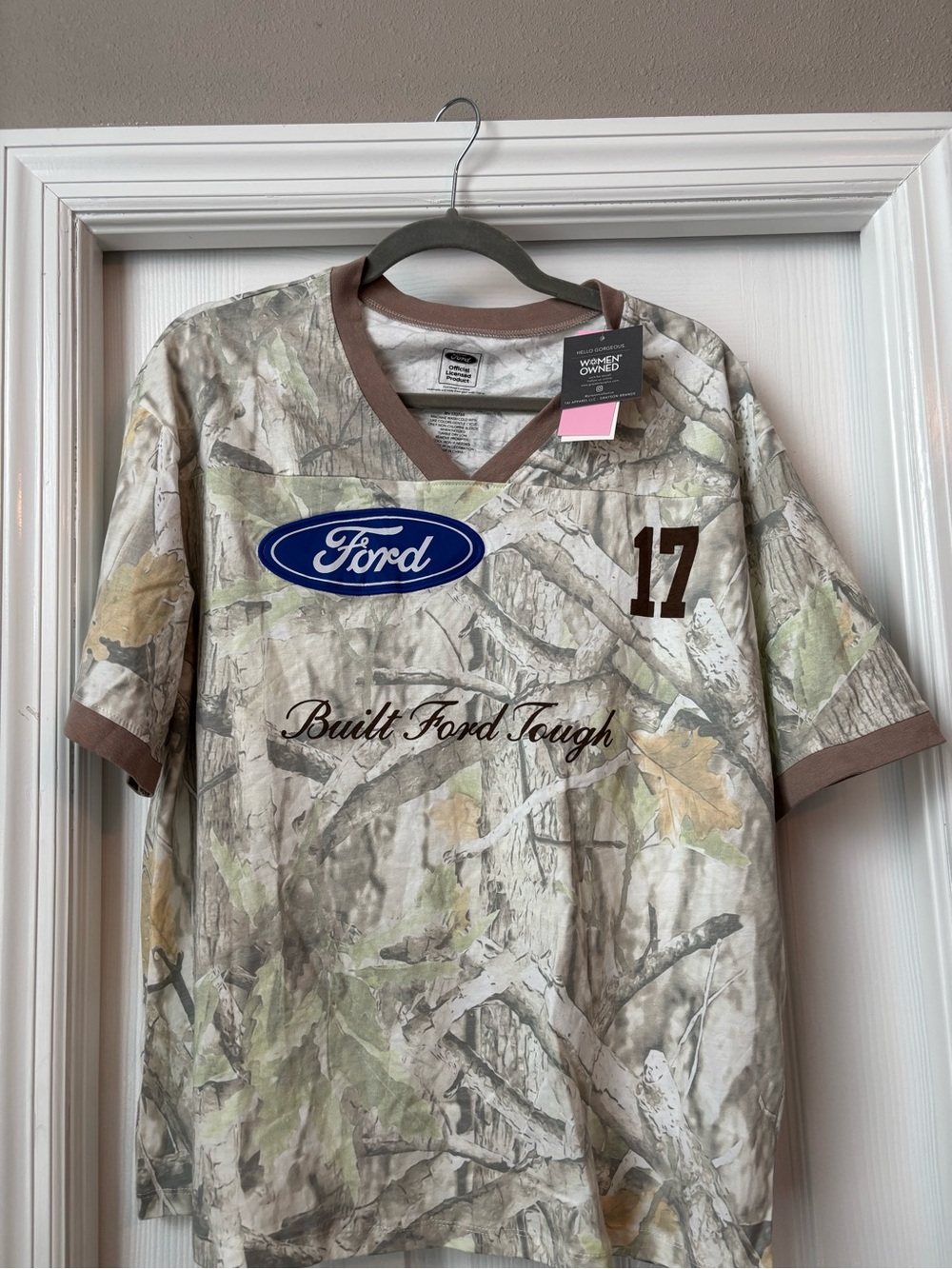 Ford Camo V-Neck Shirt with Brown Trim